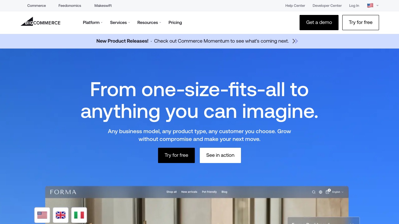 BigCommerceの公式サイトのファーストビュー