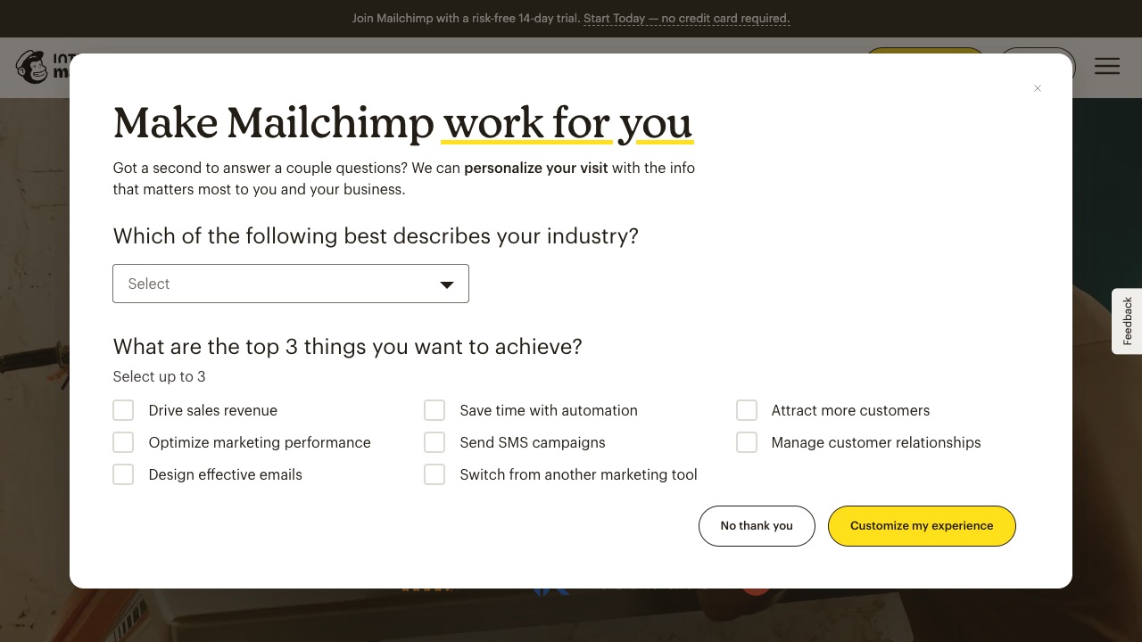 Mailchimpの公式サイトのファーストビュー