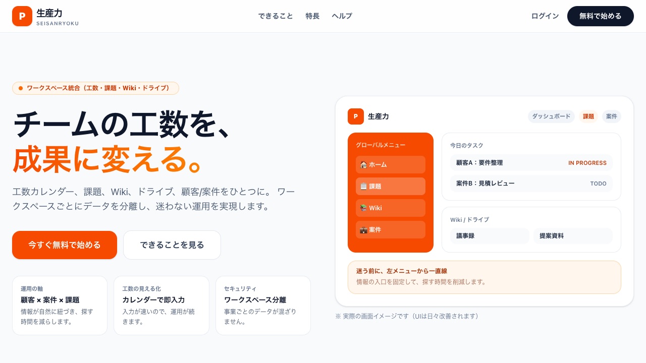 生産力の公式サイトのファーストビュー